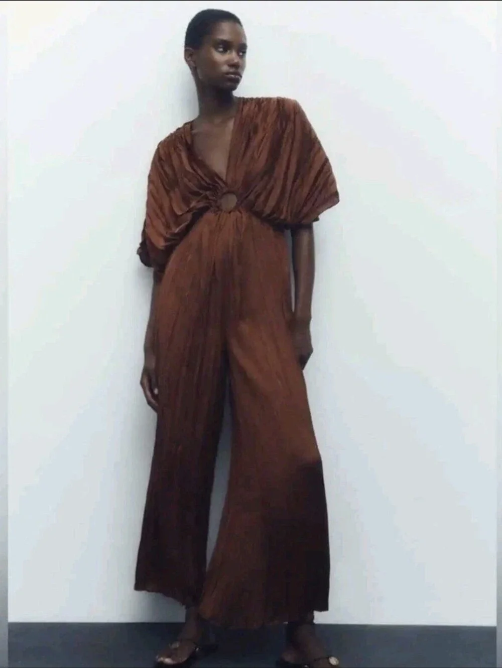 Zara - Rust Brown / Copper Pleated Wide-Leg Jumpsuit with Ring Detail